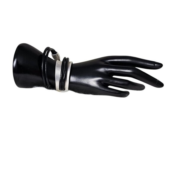 Gladiator Wrap Silver Metal Leather Black Magnetic Strand Y2K Statement Bracelet - Picture 1 of 10